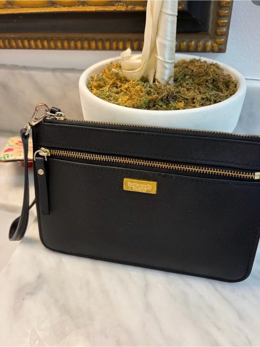 kate spade Black Leather Wristlet Clutch with Gold Hardware